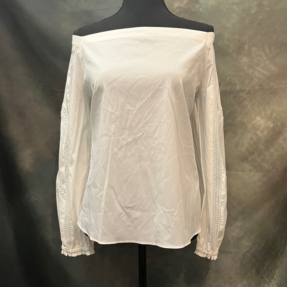 White House Black Market Off The Shoulder Lace Trim Long Sleeve Blouse Womens M‎